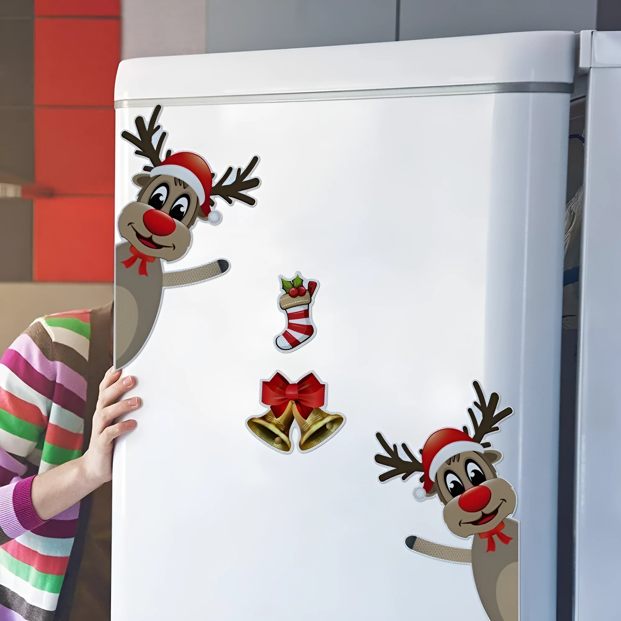 Christmas cartoon elk with bell design on magnetic luminous reflective bumper sticker for vehicle decoration