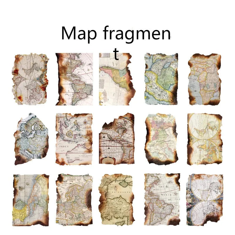 Burnt fragments series paper ephemera pack showing irregular, distressed pieces in vintage collage designs.