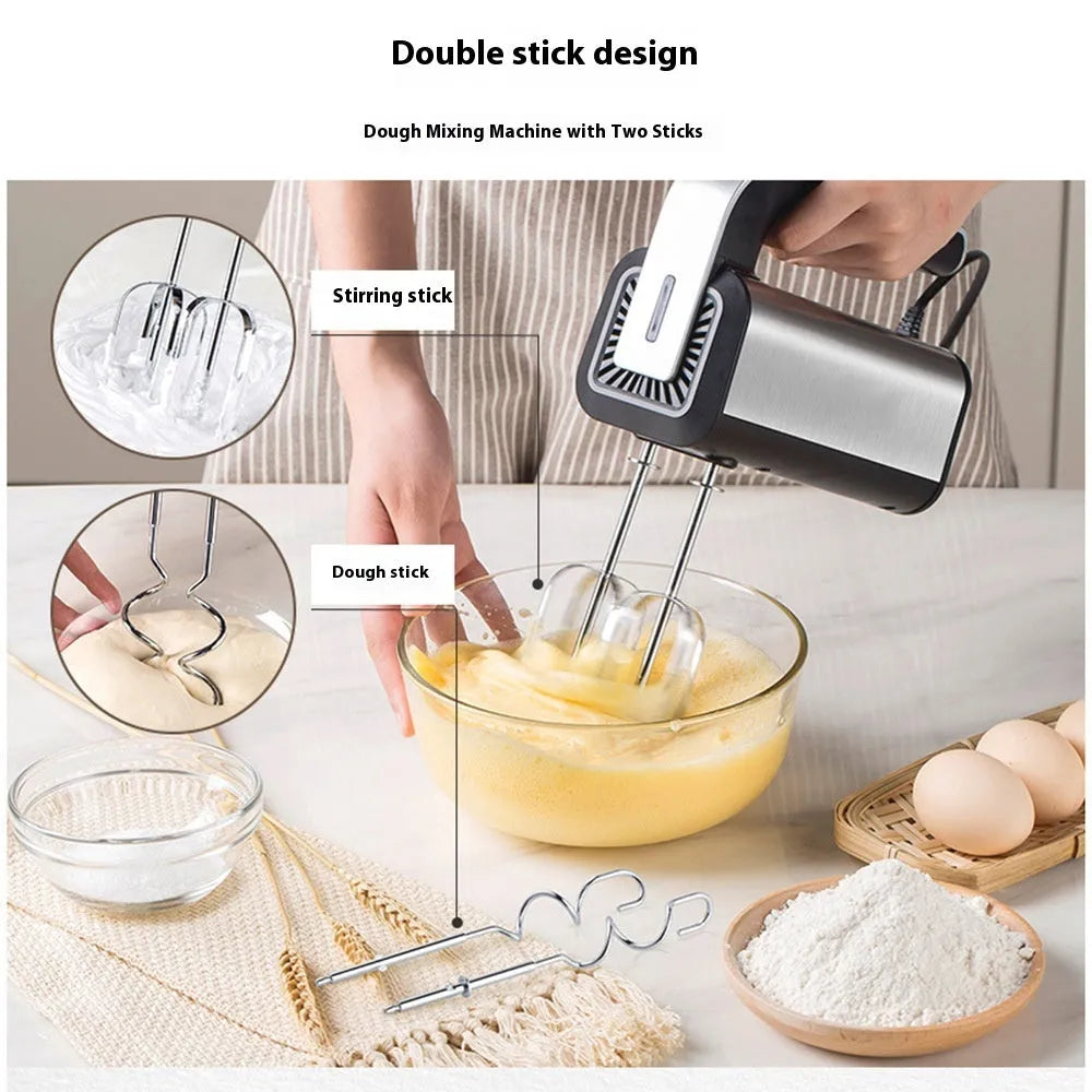 Silver handheld electric mini whisk with stainless steel beaters and 5-speed settings.