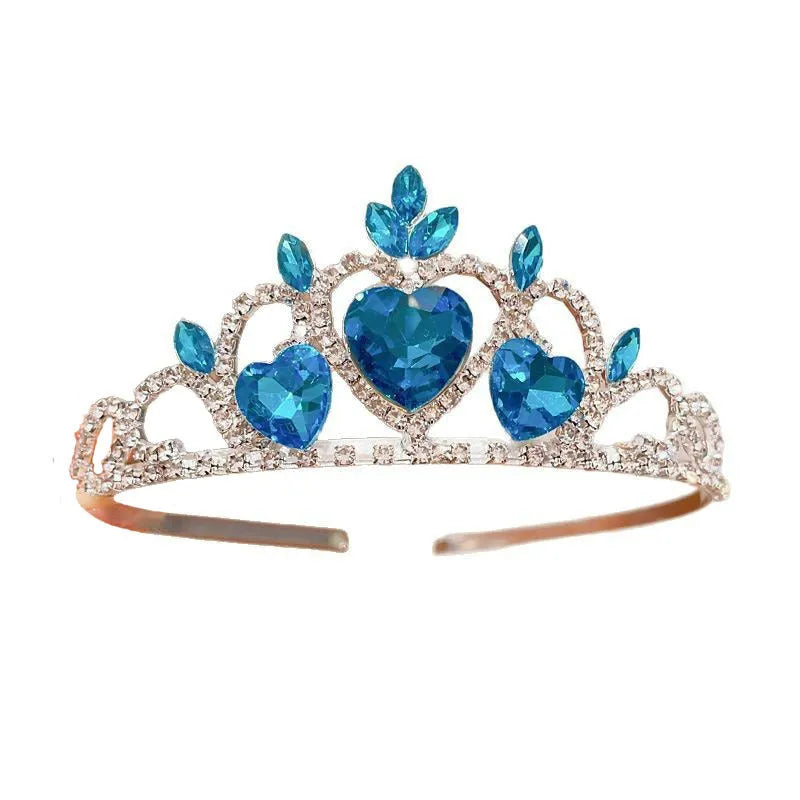 Children's metal headband with crystal crown design in pink, light blue, or light purple.