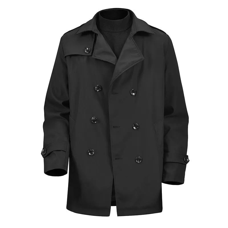 Men's mid-length double-breasted jacket in khaki, apricot or black, loose polyester casual coat, 50cm length