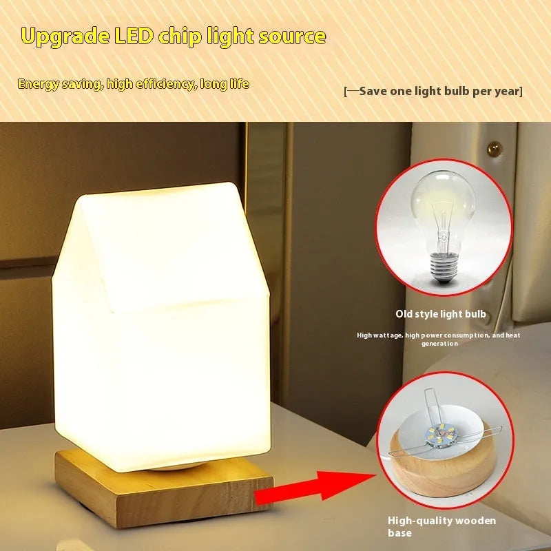 Nordic solid wood USB table lamp showing touch dimming and available shape options including cube and cylinder designs.