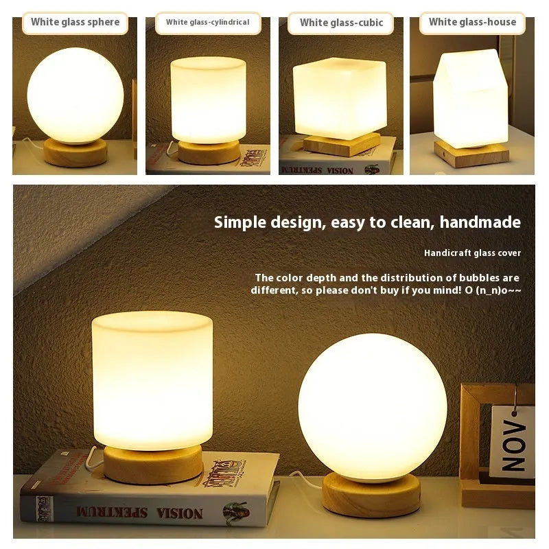 Nordic solid wood USB table lamp showing touch dimming and available shape options including cube and cylinder designs.