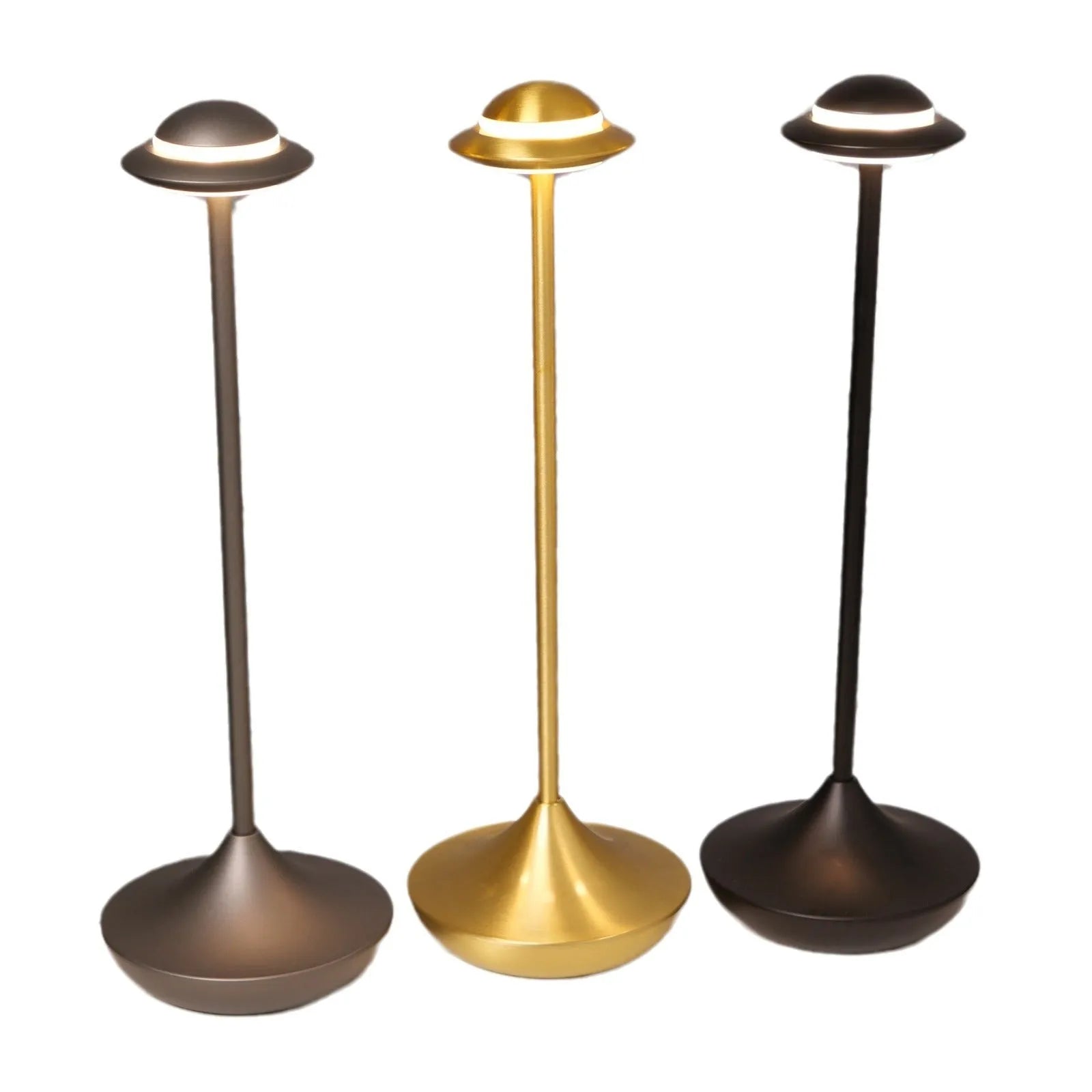 Metallic UFO-shaped table lamp in black finish with a touch-sensitive base for dimming.