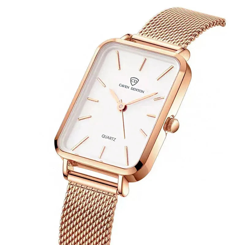 Women's waterproof quartz watch with woven steel strap in rose gold or silver