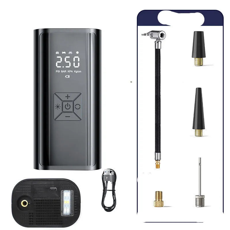 Digital display car tyre pump with LED light and USB port for wireless inflation