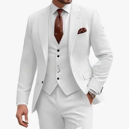 Men's slim fit three-piece suit in a chemical fibre blend, available in multiple colours.