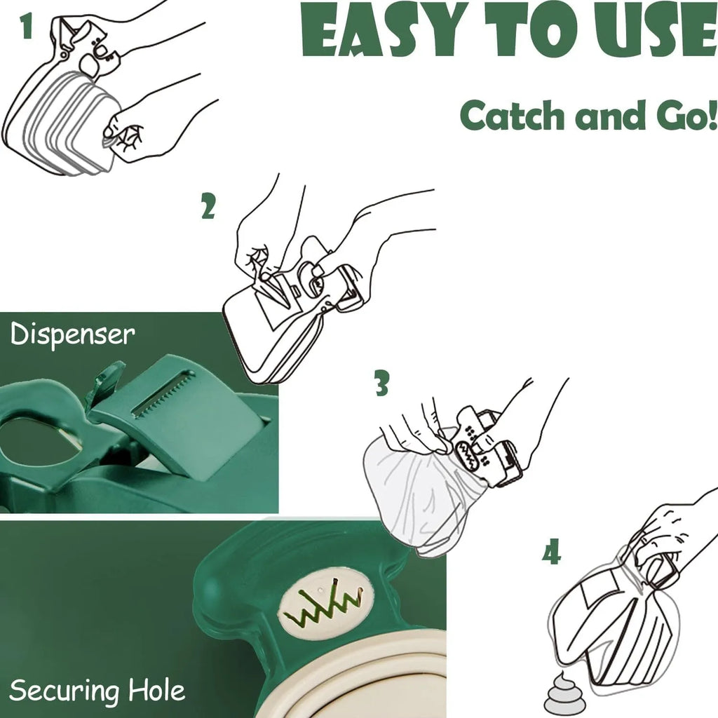 Portable handheld pooper scooper with integrated waste bag dispenser and carabiner clip attachment