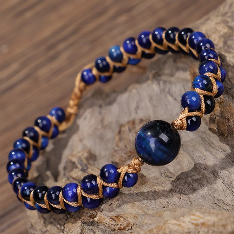 Handwoven geometric pull bracelet in blue Tigereye or Amethyst colours