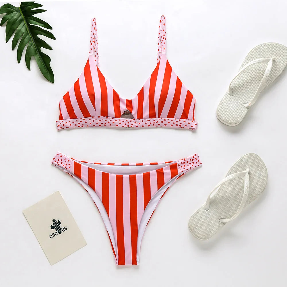 Women's black and white dot bikini set and red and white stripe bikini set for swimming.