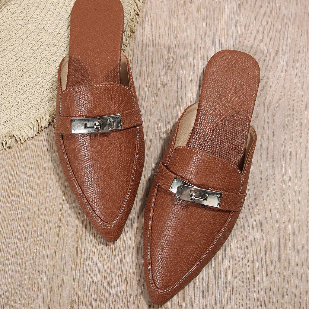 Light brown women's pointed-toe low heel semi-slippers on a white background