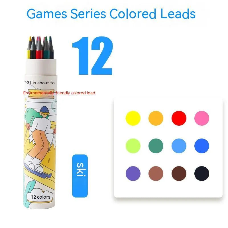 Zhenglin Sports Series colour pencils in a set with paper barrels, showing multiple colour options.