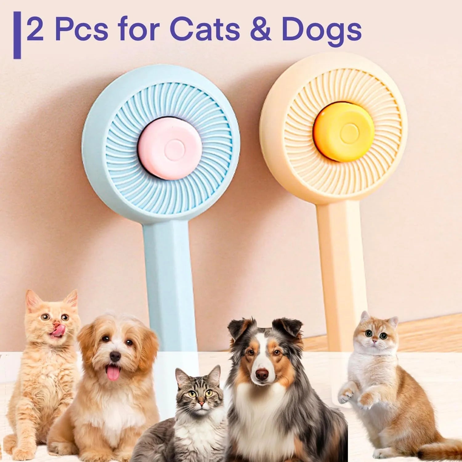 Blue and yellow pet grooming brush with angled metal bristles and a self-cleaning button.