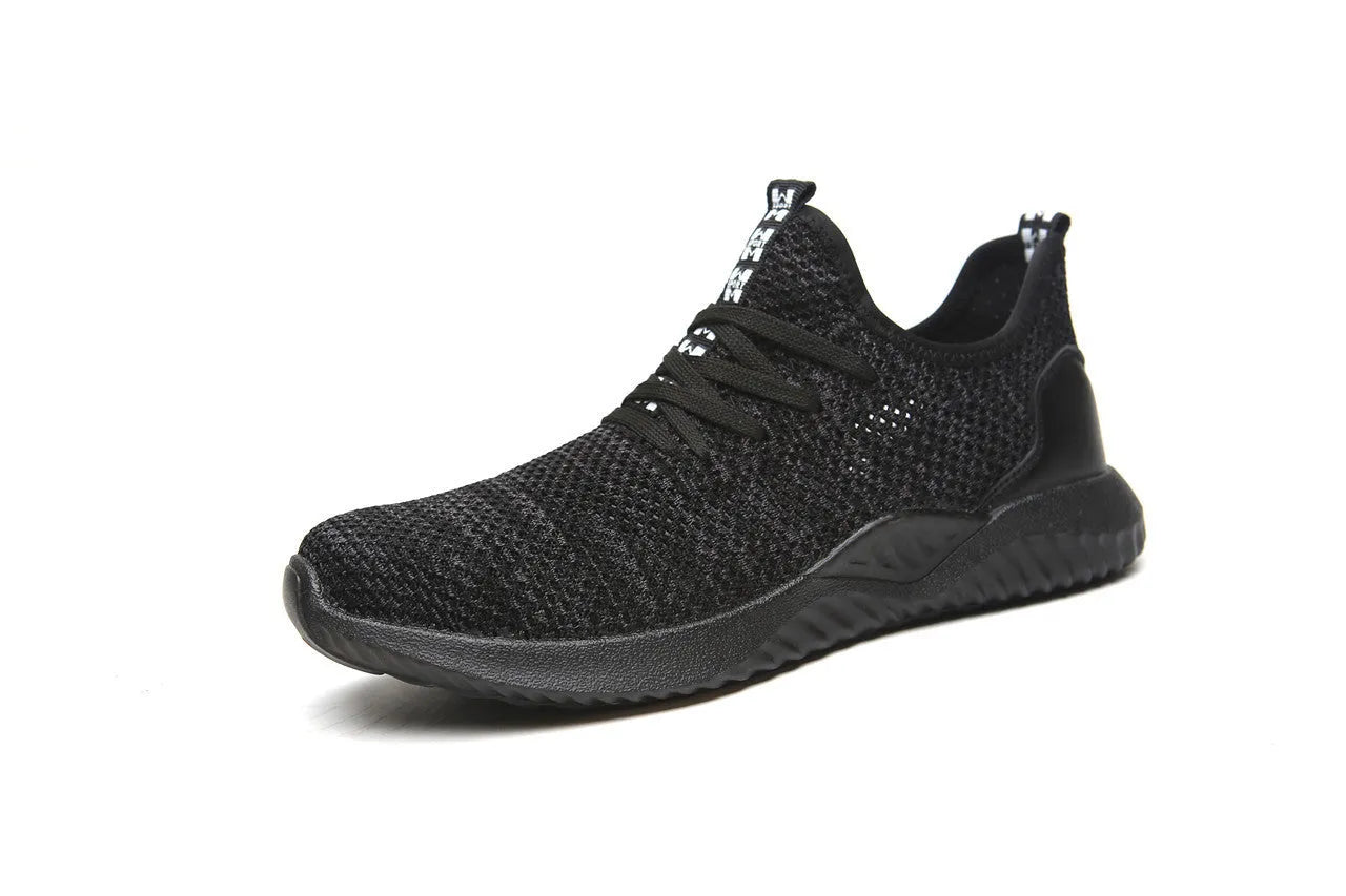 Work safety shoes with steel toe cap protection and EVA midsole in black, grey, and dark green colours