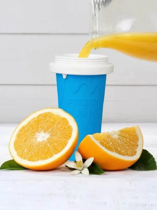 Blue quick refrigeration pinch cup showing cylindrical shape and pinch activation mechanism for beverage cooling