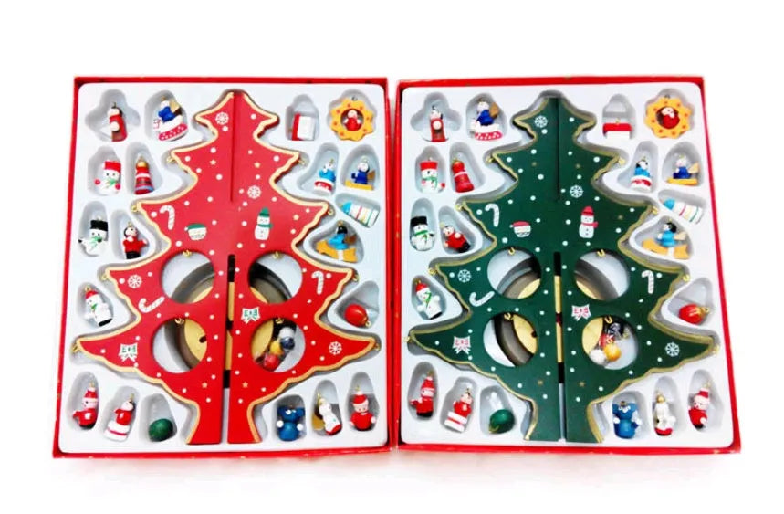 Hand painted wooden Christmas tree desktop decoration in red or green colour