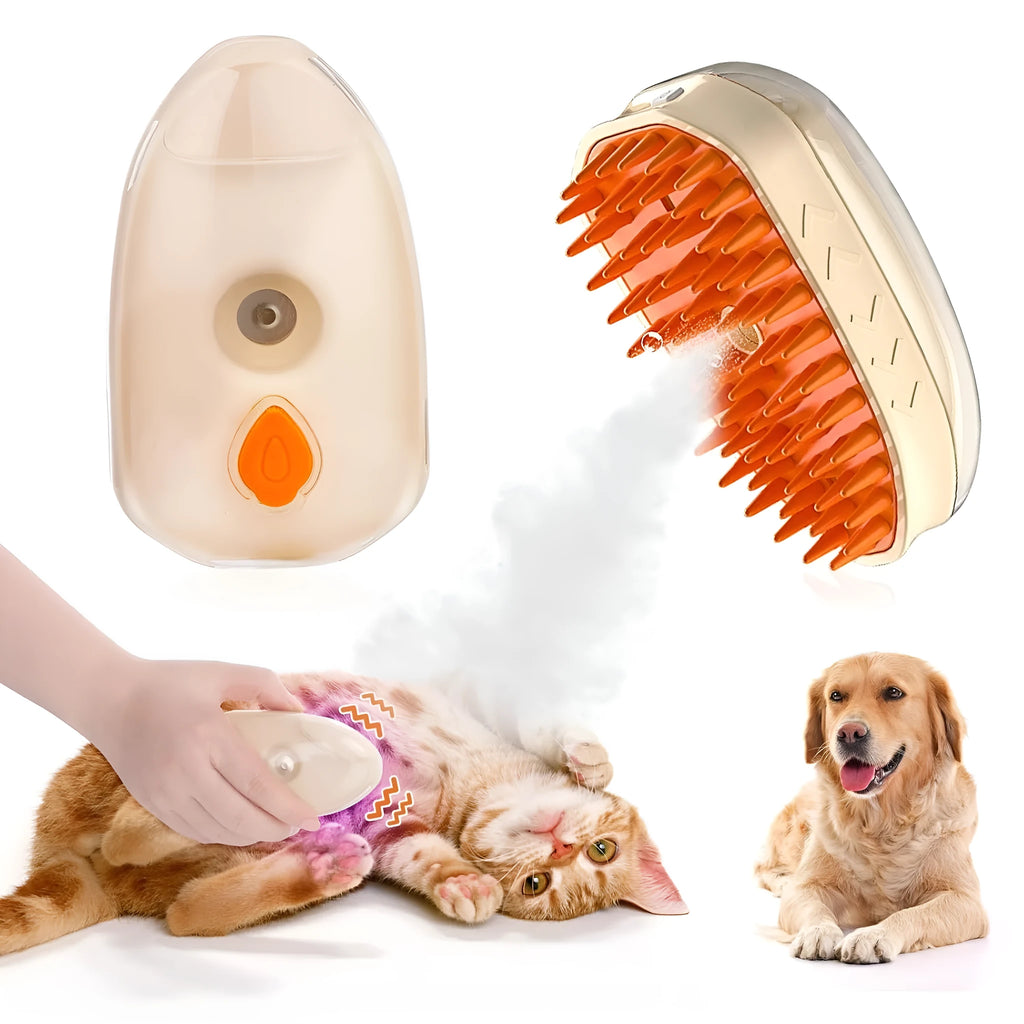 Yellow cat steam brush with silicone bristles, water reservoir, and ringworm detection light