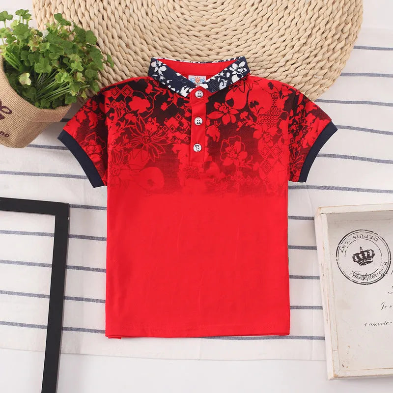 Boys short sleeve cotton shirt with lapel collar in solid colours grey red navy white.