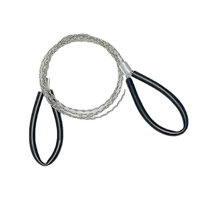 Four-share stainless steel wire survival saw with leather hand case showing 68cm cutting line