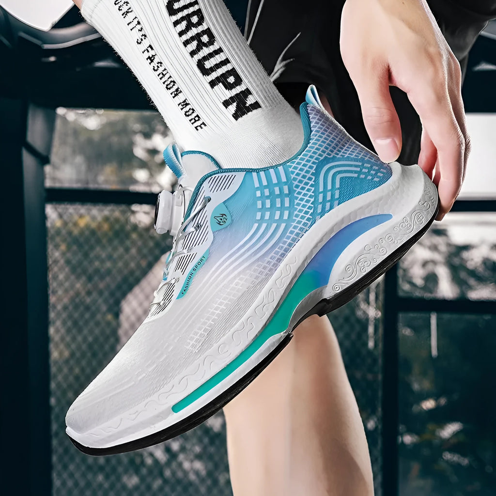 Men's low-top mesh sneakers with a rotating buckle closure, shown in multiple colour options.