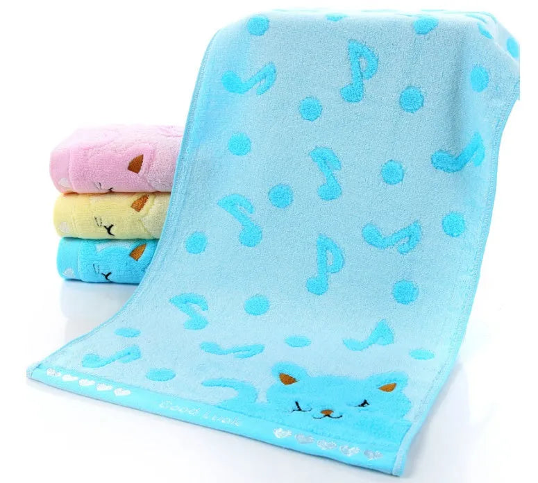Bamboo fibre and cotton kitten face towel, 25 x 50 cm, shown in blue, green, pink or yellow