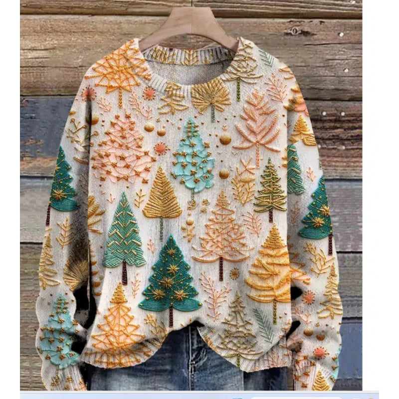 Round neck sweater with a small floral digital print pattern on the front.