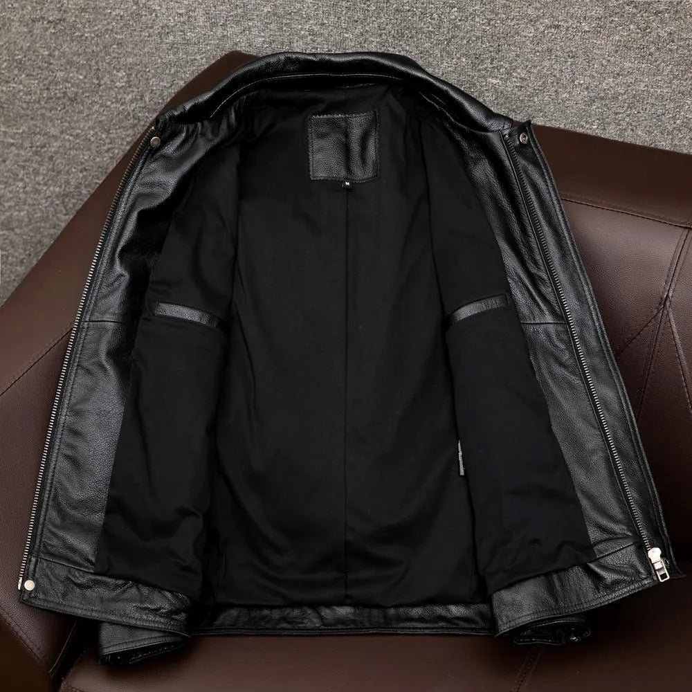 Men's black lapel leather jacket with side pockets shown on plus-size model