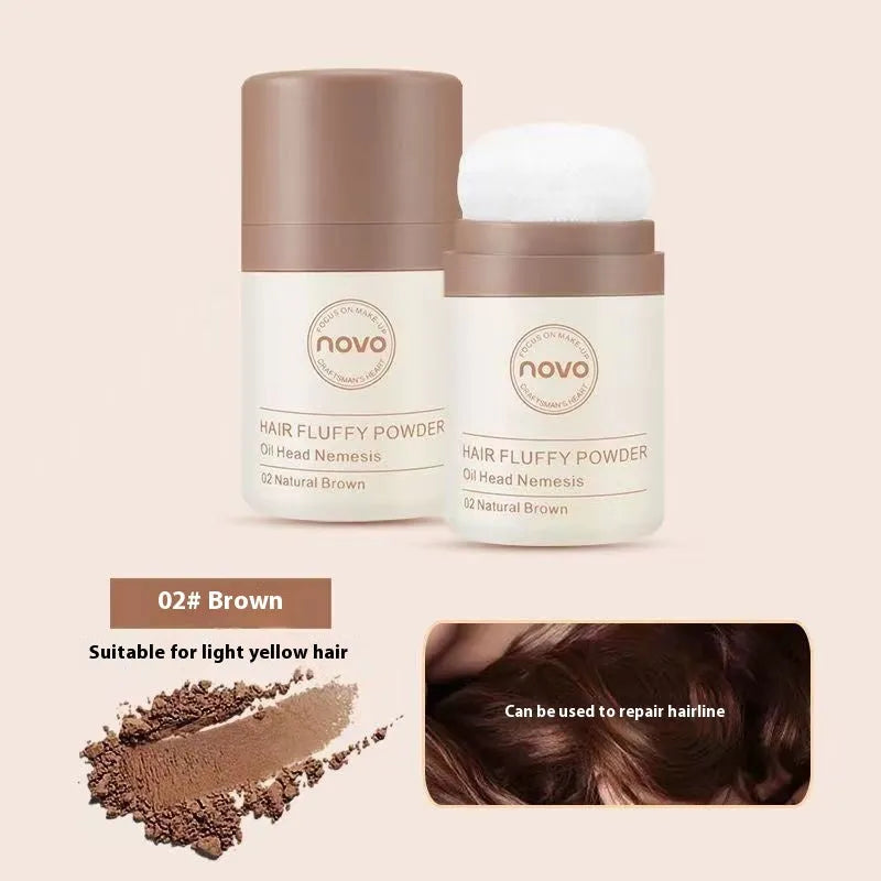 Veejaga mattifying hair oil control booster powder in compact, showing transparent, brown, and dark brown shades.