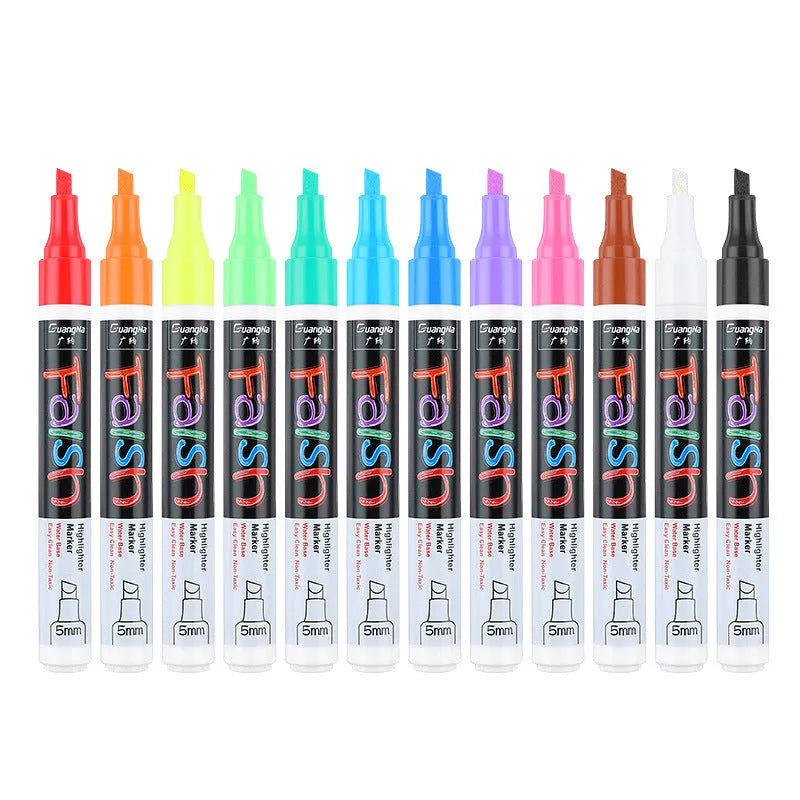 Oblique-shaped 6mm fluorescent board highlighter with plastic shell and 8-colour set on card packaging.