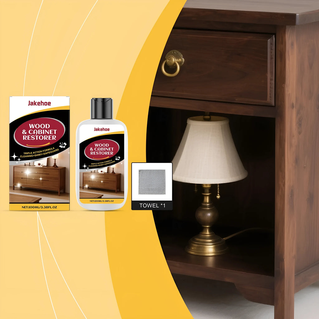 Wooden furniture scratch care kit showing 100ml bottle and 20x20cm microfibre towel for cleaning wood surfaces