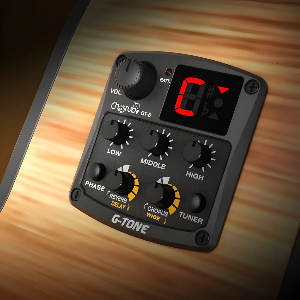 Cherub GT-6 black acoustic guitar pickup and preamp unit with knobs for EQ and effects control.