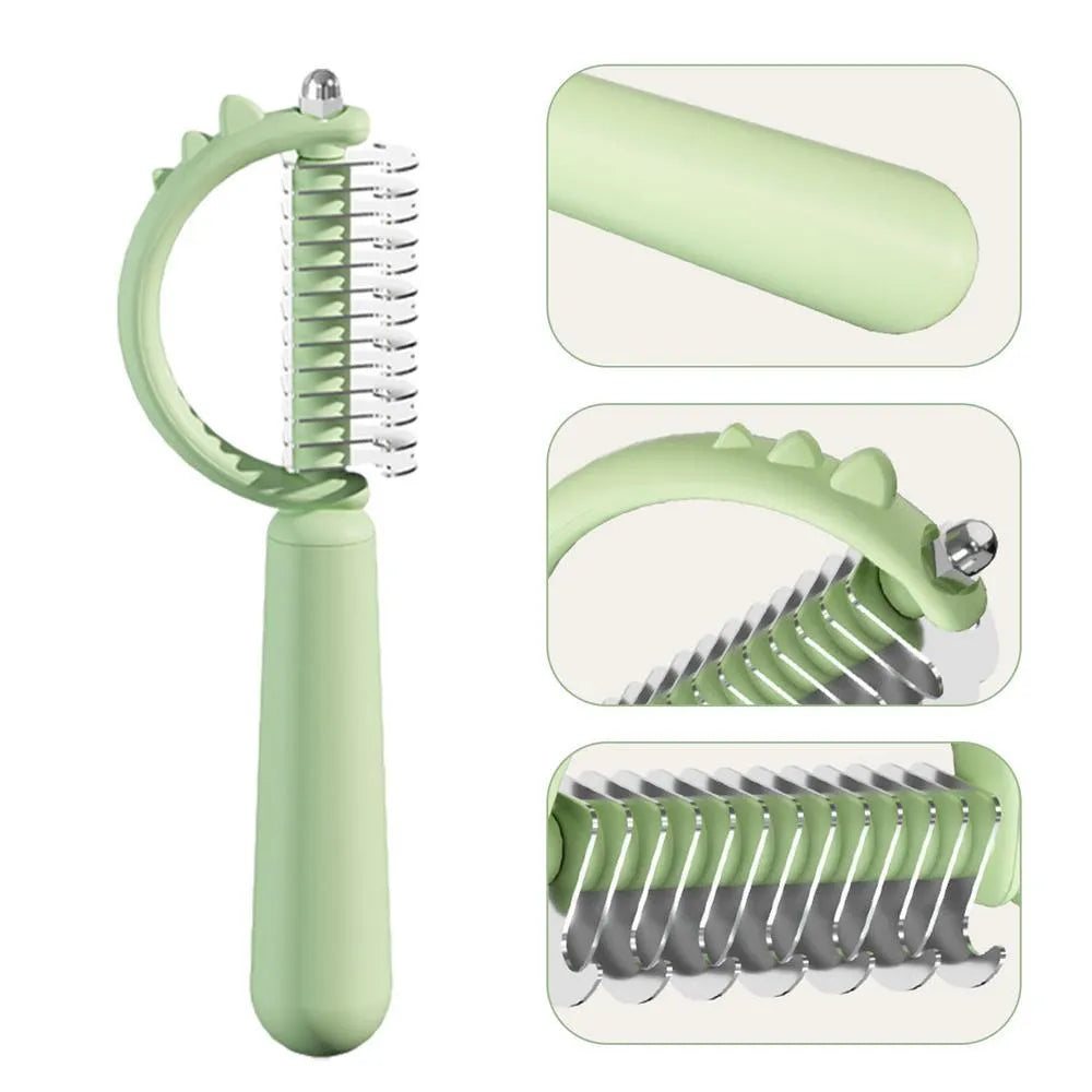 Blue dinosaur-shaped cat brush with double-sided grooming heads for shedding and dematting