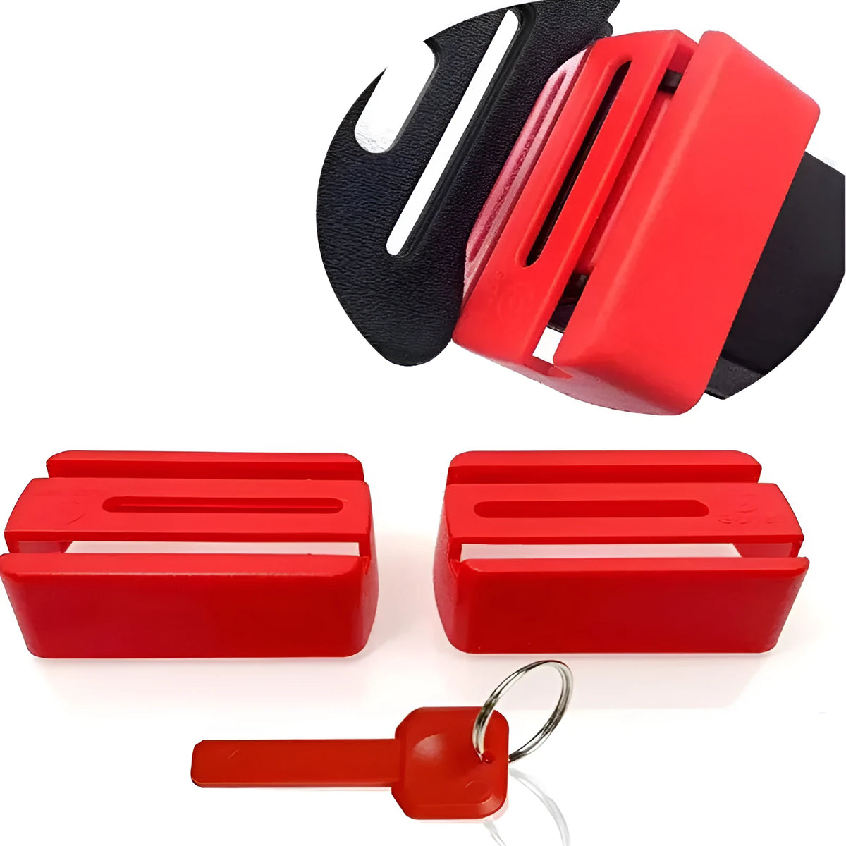 Black and red ABS plastic seat belt buckle lock holder protective device.