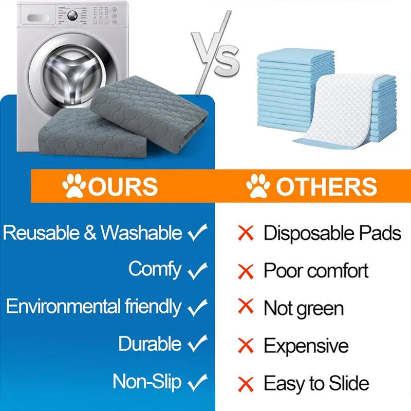 Two neutral coloured washable dog pee pads showing grey and tan options in different sizes
