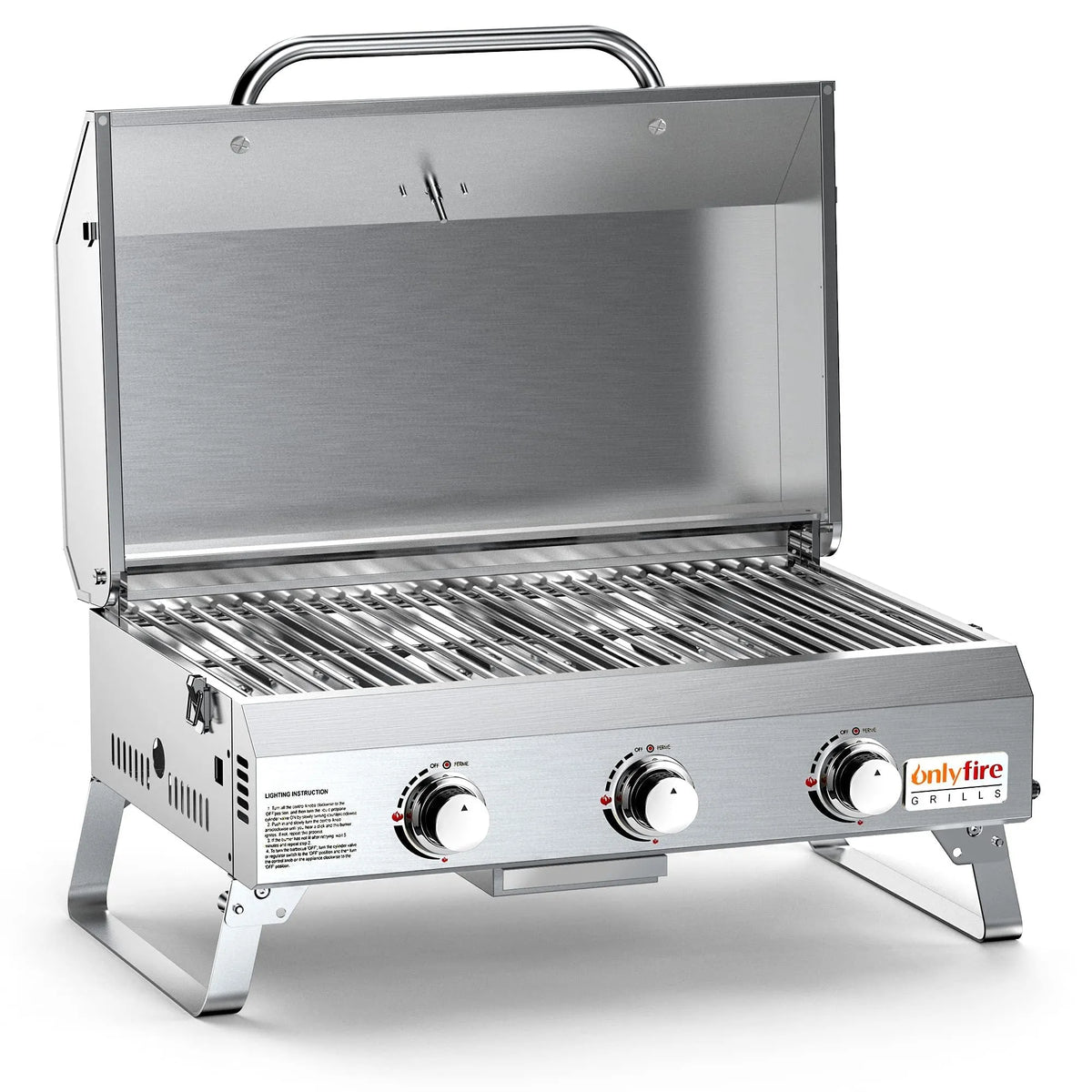Silver stainless steel desktop gas barbecue grill with three burners and foldable legs