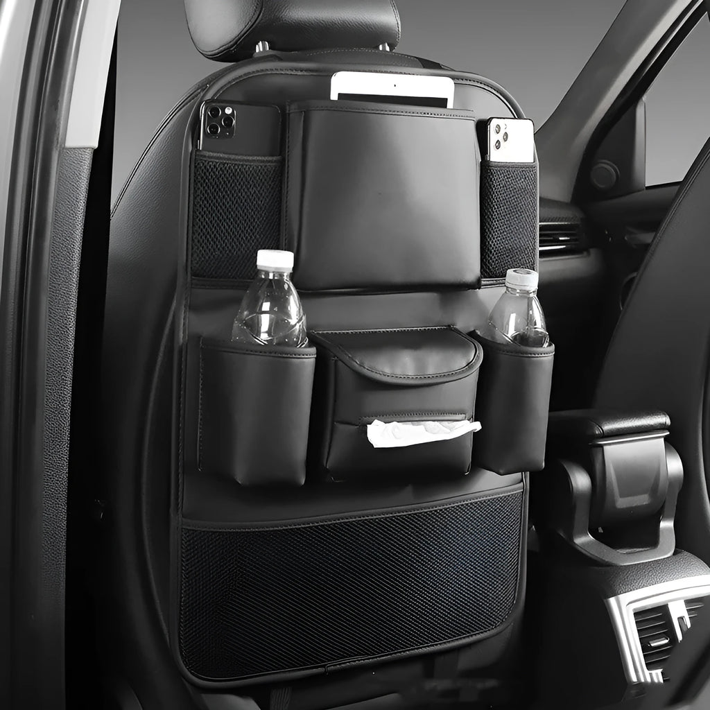 Genuine leather car seat back storage bag in a hanging design.