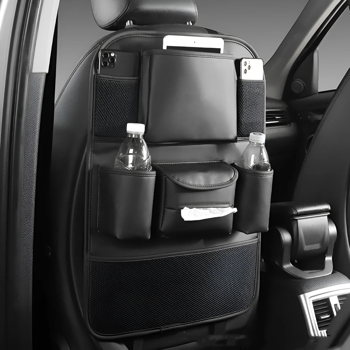 Genuine leather car seat back storage bag in a hanging design.