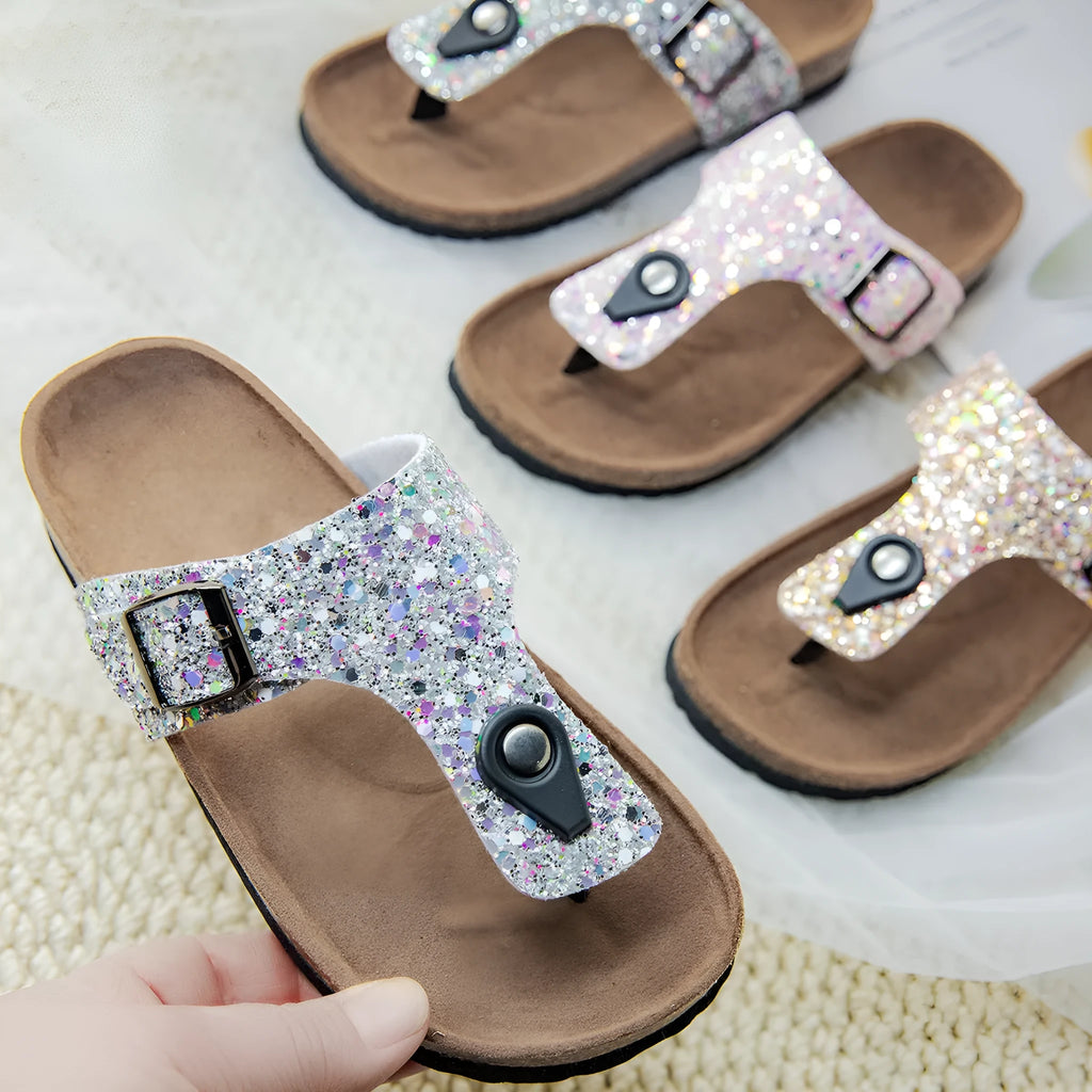 Gold pink silver cork flip-flops couples beach sandals with frosted artificial leather upper and PVC sole