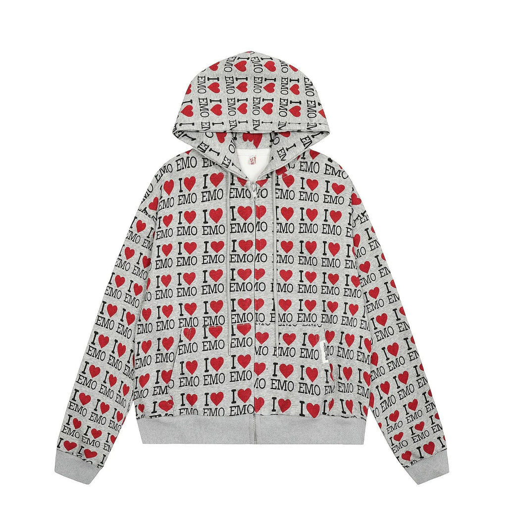 Women's mixed grey cotton hooded cardigan with retro pattern and long sleeves
