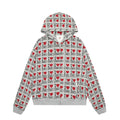 Women's mixed grey cotton hooded cardigan with retro pattern and long sleeves
