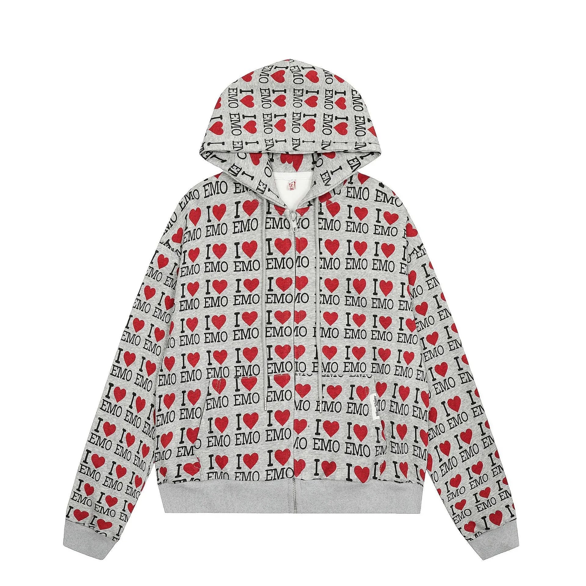 Women's mixed grey cotton hooded cardigan with retro pattern and long sleeves