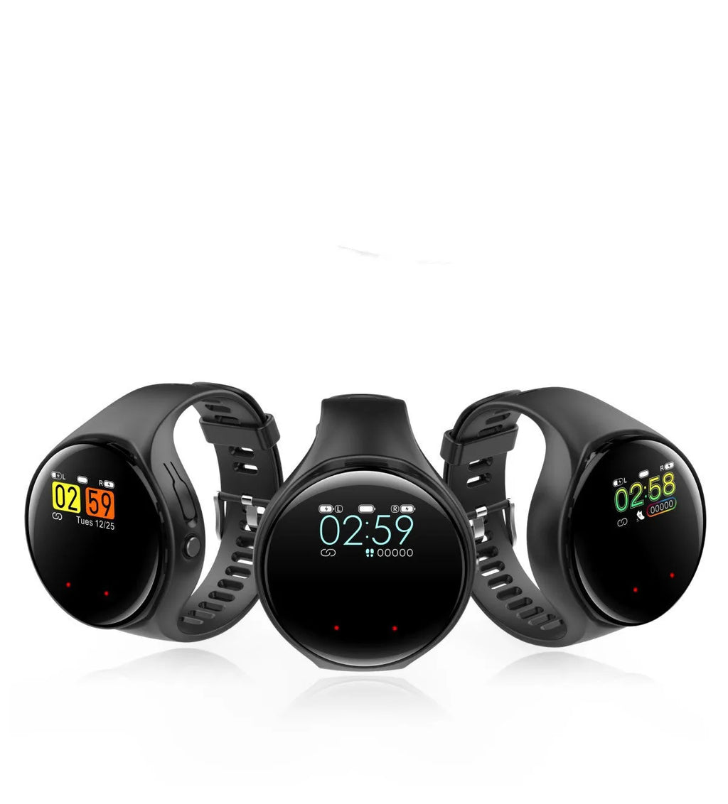 Black detachable smart sports bracelet with TWS Bluetooth earphones for fitness tracking and calls.