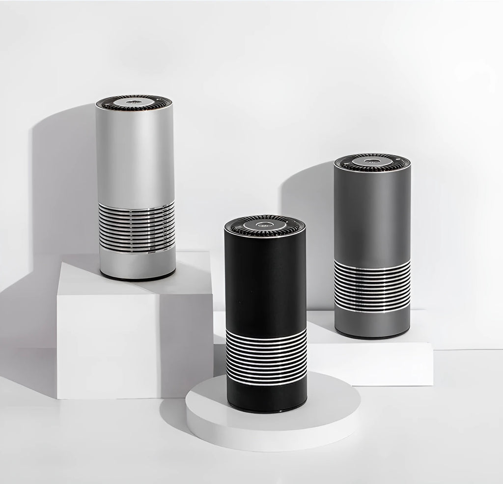 Compact car indoor wireless air purifier in aluminium alloy and ABS construction with negative ion generator