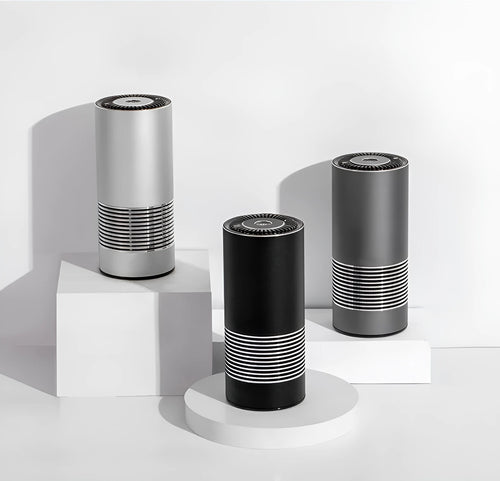 Compact car indoor wireless air purifier in aluminium alloy and ABS construction with negative ion generator