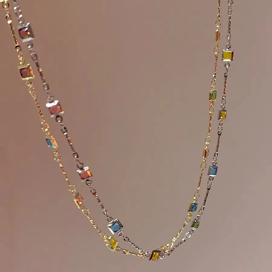 Square colour clavicle chain necklace with geometric artificial crystal design in gold alloy finish