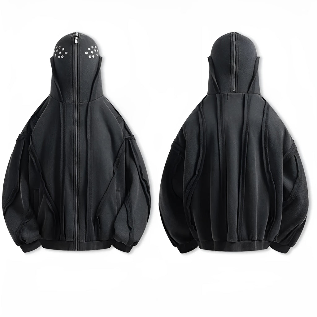 Black mens loose-fit cotton padded coat with hood and abstract retro pattern, zip front.