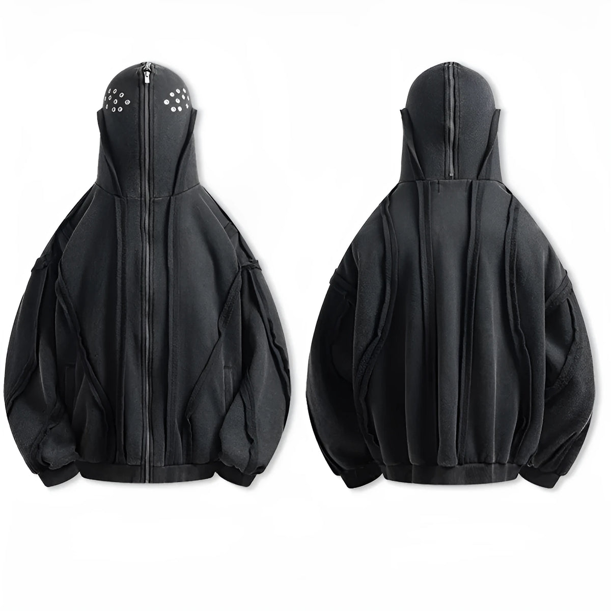 Black mens loose-fit cotton padded coat with hood and abstract retro pattern, zip front.