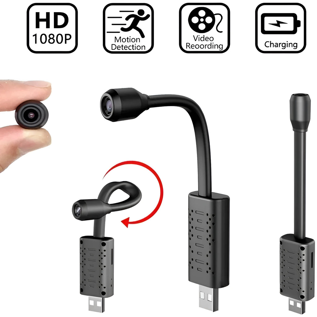 Black V380 wireless USB HD security camera on a white background.