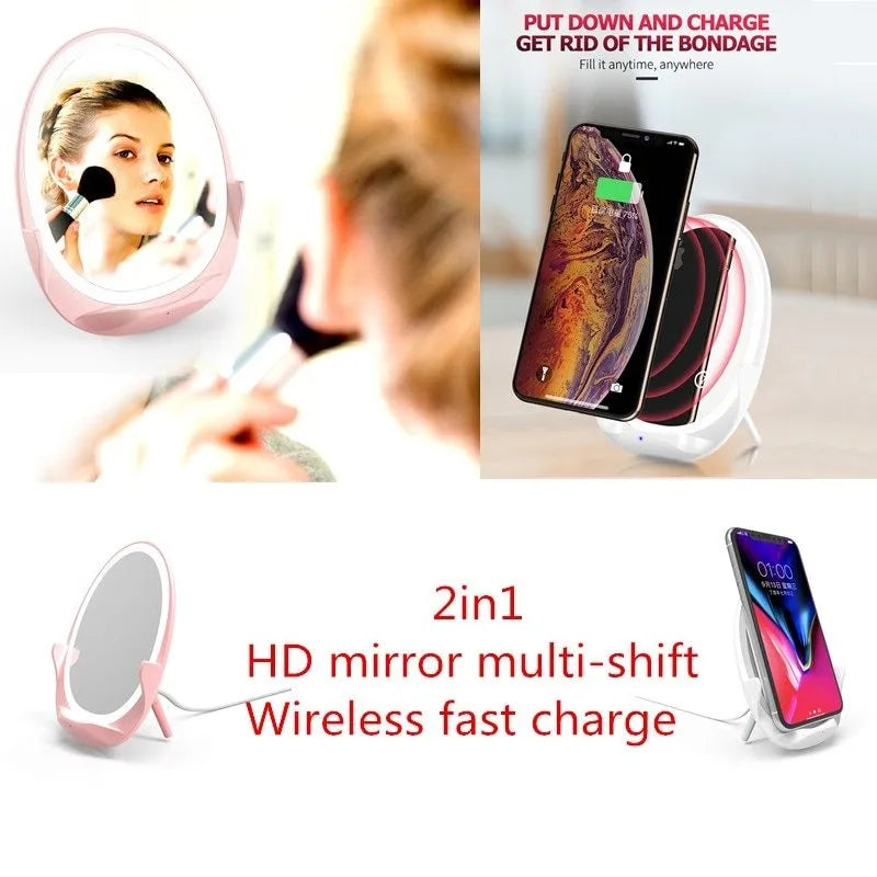 Portable vertical wireless charger with fill light mirror, 125x94x30mm, Micro USB, white or girl powder