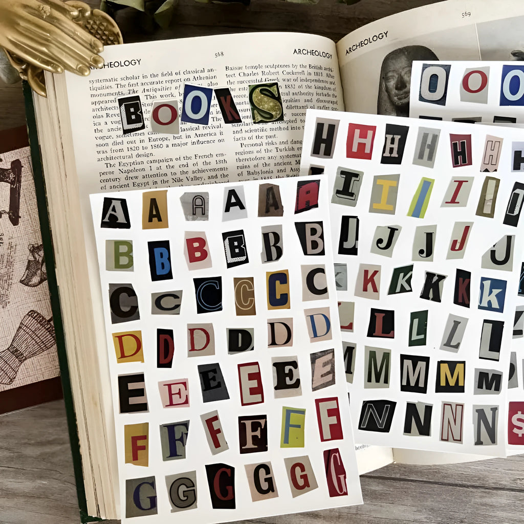 English letters and numbers label stickers in cute printed style for journal and planner decoration